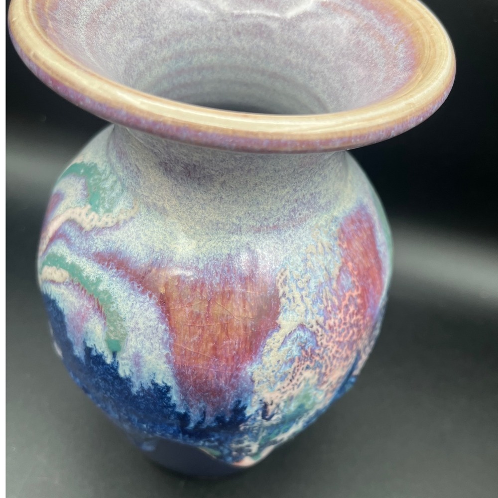 Studio Pottery Hand Signed Crystalline Drip Glaze Vase Blue Purple Green 6 inch - Picture 4 of 11